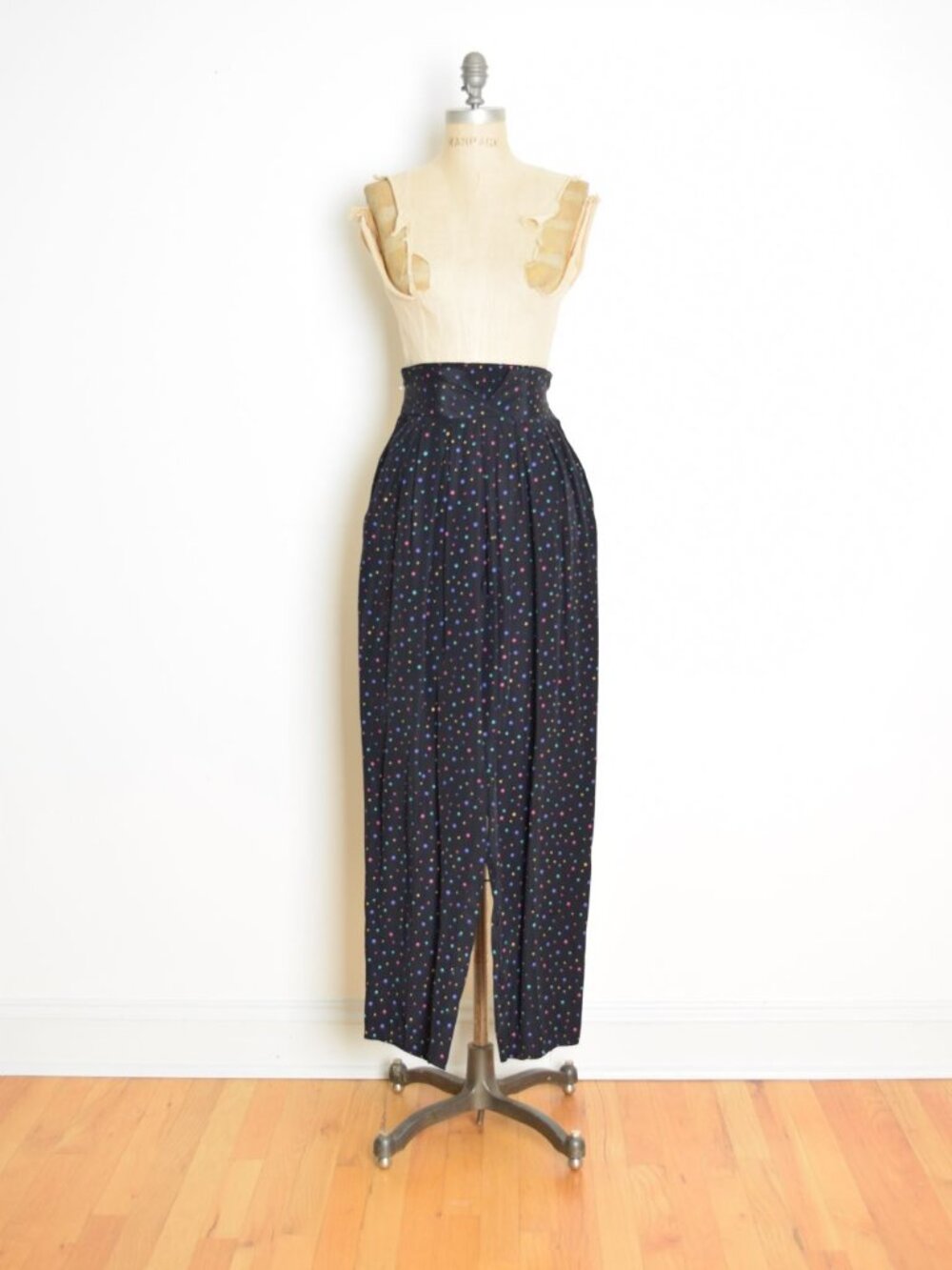 vintage 80s pants black colorful polka dot print high waist rise tapered M